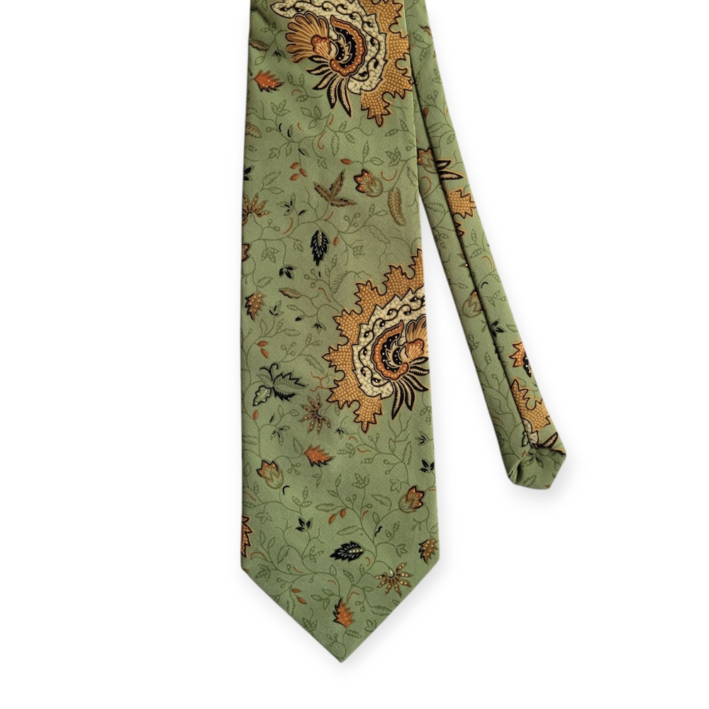 100% Silk Floral Tie Boho Paisley Sage Green with  Metallic Gold Accents